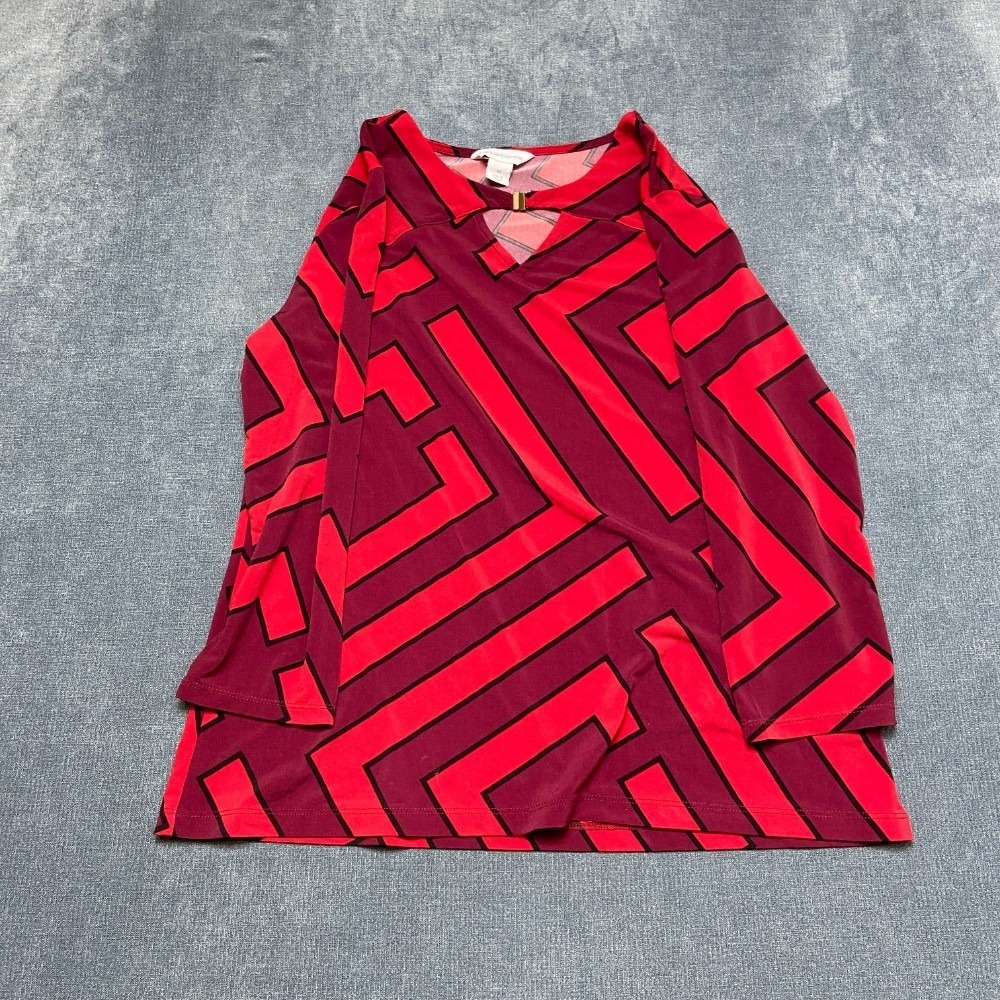Liz Claiborne Blouse Top Womens Medium Red Burgundy Stretch Geometric Round Neck